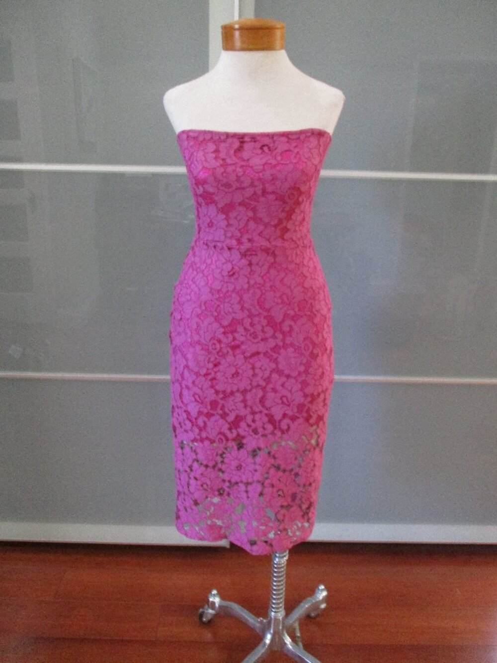 Alexis Floral Pattern Lace Overlay Strapless Bodycon Wiggle Midi Dress